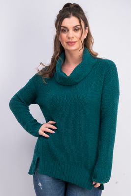 Womens Petite Cowl-Neck Vented-Hem Sweater  Tree Green