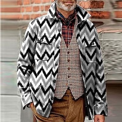 Geometric Casual Men's Shirt Shirt Jacket Shacket Outdoor Street Casual Daily Fall  Winter Turndown Long Sleeve khaki Gray S M L Shirt Lightinthebox
