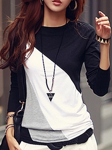 Autumn Spring Cotton Blend Women Round Neck Color Block Long Sleeve T-Shirts