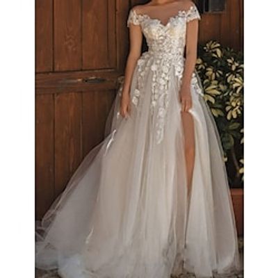Beach Formal Wedding Dresses A-Line Off Shoulder Short Sleeve Sweep  Brush Train Lace Bridal Gowns With Pleats Appliques 2023 Lightinthebox