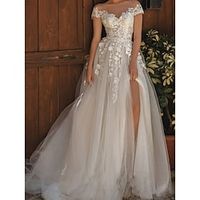 Beach Formal Wedding Dresses A-Line Off Shoulder Short Sleeve Sweep  Brush Train Lace Bridal Gowns With Pleats Appliques 2023 Lightinthebox - thumbnail