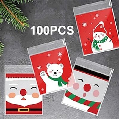 100pcs Merry Christmas Candy Bags, Santa Claus Cookie Packing Bag, Self-Adhesive Plastic Bag For Xmas New Year Favor miniinthebox