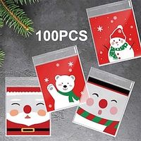 100pcs Merry Christmas Candy Bags, Santa Claus Cookie Packing Bag, Self-Adhesive Plastic Bag For Xmas New Year Favor miniinthebox - thumbnail