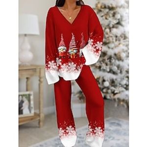 Women's Christmas Pajamas Sets Santa Claus Snowflake Fashion Comfort Soft Christmas Daily Bed Spandex Breathable V Wire Long Sleeve T shirt Tee Pant Pocket Fall Winter Black Wine miniinthebox