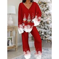 Women's Christmas Pajamas Sets Santa Claus Snowflake Fashion Comfort Soft Christmas Daily Bed Spandex Breathable V Wire Long Sleeve T shirt Tee Pant Pocket Fall Winter Black Wine miniinthebox - thumbnail