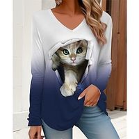 Women's T shirt Tee Cat Color Gradient 3D Black Navy Blue Brown Print Long Sleeve Daily Weekend Fashion V Neck Regular Fit Spring   Fall Lightinthebox - thumbnail