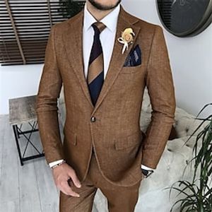 Brown Men's Wedding Linen Suits 2 Piece Solid Colored Tailored Fit Single Breasted One-button 2023 miniinthebox