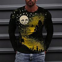 Men's Unisex Tee T shirt Shirt 3D Print Graphic Prints Castle Print Long Sleeve Halloween Tops Casual Designer Big and Tall Yellow Lightinthebox - thumbnail