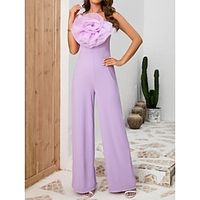 Women's Jumpsuit Backless Solid Color Round Neck Elegant Wedding Party Wide Leg Regular Fit Long Sleeve Purple S M L Fall miniinthebox - thumbnail