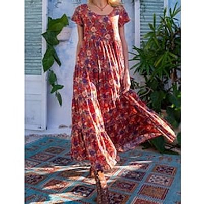 Women's A Line Dress Maxi long Dress Red Short Sleeve Floral Print Ruched Print Spring Summer U Neck Casual Vacation 2022 S M L XL XXL 3XL 4XL Lightinthebox