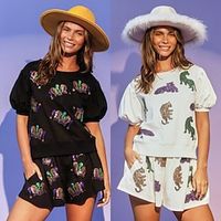Women's Mardi Gras Carnival T shirt Tee Shorts Sets Graphic Sparkly Black White Sequins Short Sleeve Party Casual Active Sports Crew Neck Regular Fit Spring  Summer Lightinthebox - thumbnail