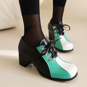 Women's Heels Pumps Mary Jane Office Daily Lace-up Chunky Heel Round Toe Cute Walking PU Lace-up Color Block Black Lightinthebox