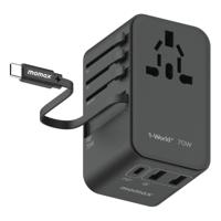 Momax 1-World 70W GaN 3 Port With Built-In USB-C Cable AC Travel Adaptor - Black - thumbnail