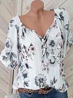 Tie Collar Floral Short Sleeve Blouse - thumbnail