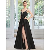 A-Line Evening Gown Black Dress Formal Floor Length Sleeveless Spaghetti Strap Lace with Slit Appliques 2023 Lightinthebox - thumbnail