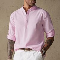 Men's Shirt Linen Shirt Popover Shirt Summer Shirt Beach Shirt White Pink Blue Long Sleeve Plain Band Collar Spring Summer Casual Daily Clothing Apparel Lightinthebox