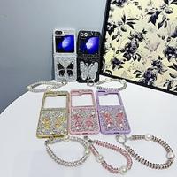 Phone Case For Samsung Galaxy Z Flip 5 Z Flip 4 Z Flip 3 Back Cover with Wrist Strap Bling Glitter Shiny Shockproof Butterfly TPU Rhinestone Lightinthebox