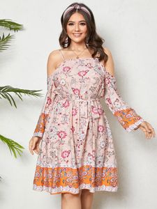 YOINS Plus Size Cold Shoulder Tribal Belt Design Tie-up Design Long Sleeves Dress