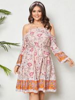 YOINS Plus Size Cold Shoulder Tribal Belt Design Tie-up Design Long Sleeves Dress - thumbnail