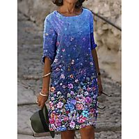 Women's A Line Dress Knee Length Dress Blue Half Sleeve Flower Print Spring Summer Round Neck Casual 2021 S M L XL XXL XXXL / Holiday miniinthebox - thumbnail