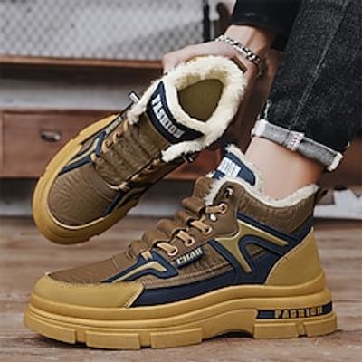 Men's Boots Work Boots Winter Boots Fleece lined Sporty Casual British Outdoor Daily PU Warm Booties  Ankle Boots Elastic Band Black Khaki Beige Fall Winter Lightinthebox