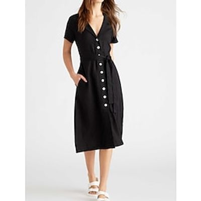 Women's Cotton Linen Button Front Black Dress Casual Dress Midi Dress Basic Casual Daily Date Weekend V Neck Button Pocket Short Sleeve For Spring Summer Autumn Lightinthebox