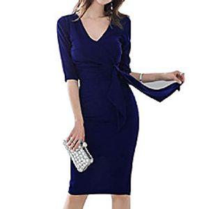 women's elegant 34 sleeve v neck sheath backless dresses casual ruched party business formal work pencil dress with belt(dark blue-m) Lightinthebox