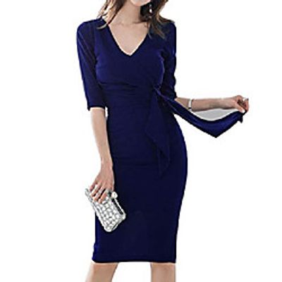 women's elegant 34 sleeve v neck sheath backless dresses casual ruched party business formal work pencil dress with belt(dark blue-m) Lightinthebox