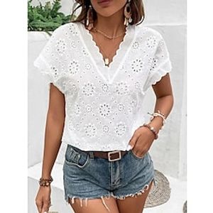 Women's Shirt Blouse White Plain Cut Out Short Sleeve Casual Basic V Neck Regular S miniinthebox