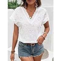 Women's Shirt Blouse White Plain Cut Out Short Sleeve Casual Basic V Neck Regular S miniinthebox - thumbnail