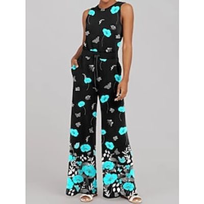 Women's Jumpsuit Print Floral Crew Neck Casual Going out Wide Leg Regular Fit Sleeveless Sleeveless Black S M L Summer Lightinthebox