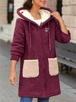 Women's Casual Contrast Color Pocket Mid-Length Zipper Cardigan Fleece Hooded Jacket