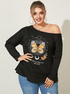 YOINS Plus Size One Shoulder Graphic Long Sleeves Tee