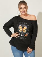 YOINS Plus Size One Shoulder Graphic Long Sleeves Tee - thumbnail