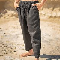 Men's Linen Pants Trousers Summer Pants Beach Pants Pocket Drawstring Elastic Waist Plain Comfort Breathable Daily Holiday Vacation Hawaiian Boho Black Lightinthebox