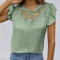 Shirt Blouse Women's Green Plain Lace Ruffle Street Daily Fashion Round Neck Regular Fit S Lightinthebox