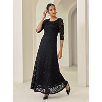 Women's Black Dress Lace Dress Little Black Black 3/4 Length Sleeve Solid Color Lace Spring Fall Cross-Seasons Elegant Party S M L - thumbnail