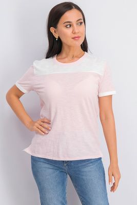 Womens Color Blocked Crew Neckline T-shirt Pink/White Womens Color Blocked Crew Neckline T-shirt Pink/White