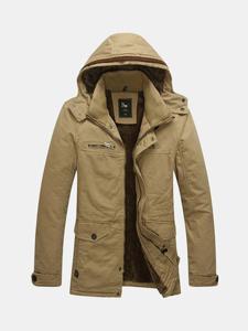 Winter Outdoor Thicken Multi Pockets Solid Color Detachable Hood Jacket for Men
