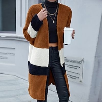 Women's Sherpa jacket Fleece Jacket Teddy Coat Warm Breathable Street Daily Going out Patchwork Cardigan V Neck Casual Color Block Regular Fit Outerwear Long Sleeve Winter Fall Khaki S M L XL miniinthebox