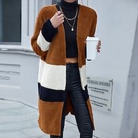 Women's Sherpa jacket Fleece Jacket Teddy Coat Warm Breathable Street Daily Going out Patchwork Cardigan V Neck Casual Color Block Regular Fit Outerwear Long Sleeve Winter Fall Khaki S M L XL miniinthebox - thumbnail