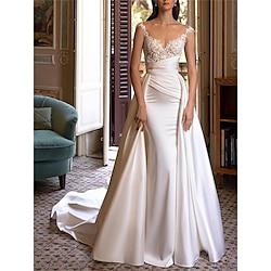 Wedding Dresses Ball Gown Off Shoulder V Neck Sleeveless Chapel Train Satin Bridal Gowns With Pleats Ruched 2024 Lightinthebox