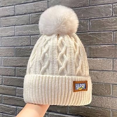 Winter Warm Beanie With Pom Ribbed Beanies Classic Label Patch Elastic Knit Hats Cuffed Skull Cap Coldproof Ski Hat For Women Lightinthebox