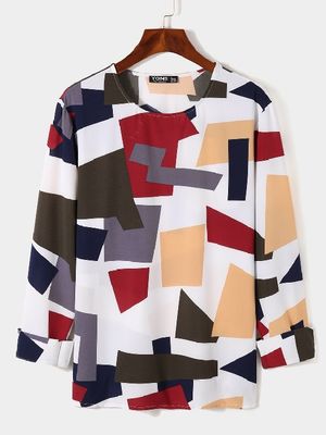 Men Casual Color Block Random Geometric Print Multicolor T-Shirt