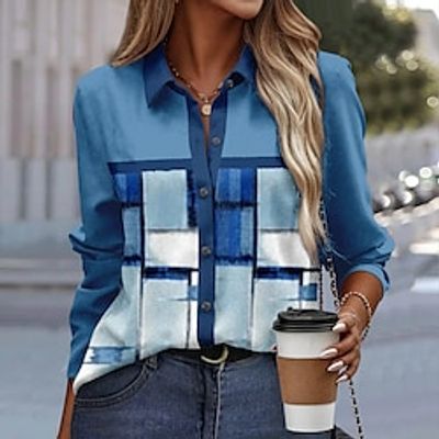 Women's Shirt Blouse Blue Plaid Button Print Long Sleeve Casual Fashion Shirt Collar Regular Fit Spring   Fall Lightinthebox