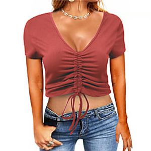 Women's T shirt Plain Lace Patchwork V Neck Basic Tops Green Blue White Lightinthebox
