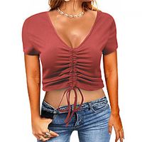 Women's T shirt Plain Lace Patchwork V Neck Basic Tops Green Blue White Lightinthebox - thumbnail