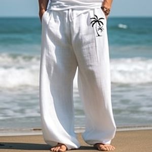 Men's Linen Pants Trousers Summer Pants Beach Pants Drawstring Elastic Waist Straight Leg Rhombus Comfort Breathable Casual Daily Holiday 40% Linen Ethnic Style Simple White Lightinthebox