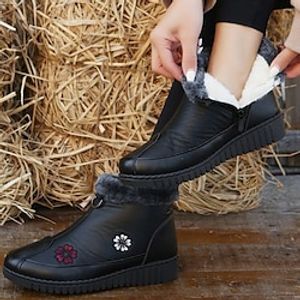 Women's Boots Snow Boots Combat Boots Outdoor Work Daily Floral Fleece Lined Booties Ankle Boots Flat Heel Round Toe Vintage Fashion Casual Faux Leather Zipper Black Red miniinthebox