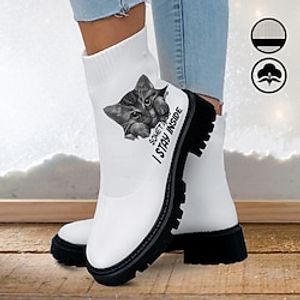 Women's Boots Print Shoes Sock Boots Animal Print Daily Cat 3D Slogan Mid Calf Boots Winter Flat Heel Round Toe Closed Toe Fashion Casual Comfort Tissage Volant Loafer White miniinthebox